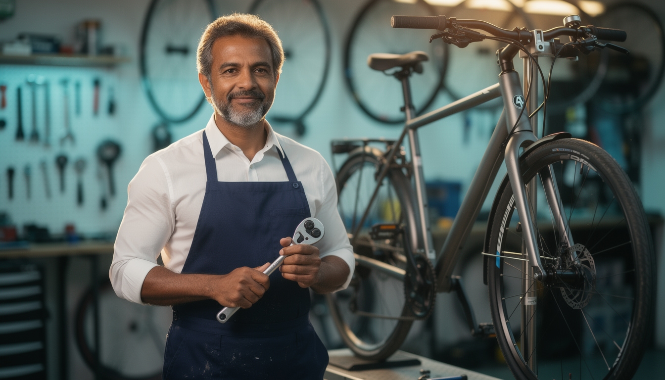 Doświadczony mechanik rowerowy podczas pracy w warsztacie